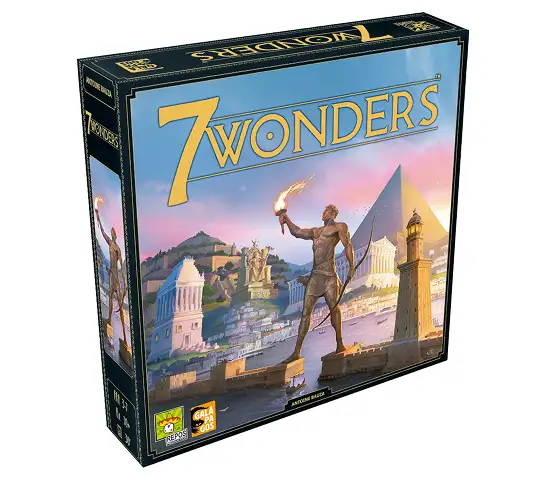 Doos van het bordspel 7 Wonderen met een afbeelding van de kolos van Radsko.