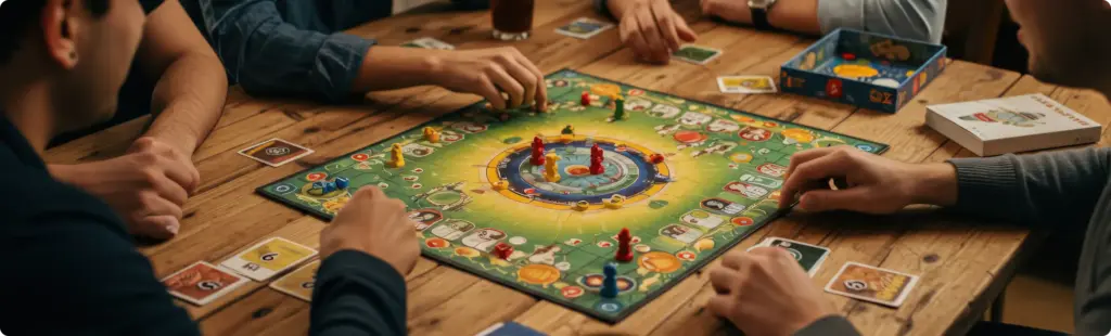 Op een houten tafel ligt een groen bordspel, waar mensen omheen zitten.