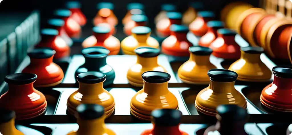 Veel felgekleurde fiches in verschillende kleuren staan op een rij.