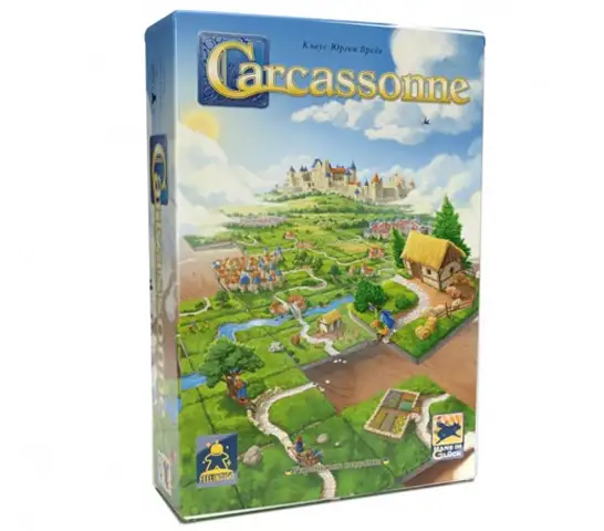 Doos van het bordspel Carcassonne met een afbeelding van een middeleeuwse stad.