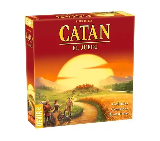 Doos van het bordspel Catan met afbeelding van een zonsondergang.
