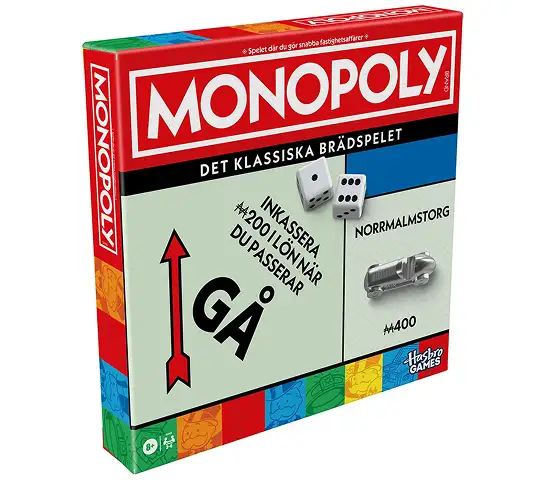 Doos van het bordspel Classiek Monopoly met afbeelding van het speelbord.