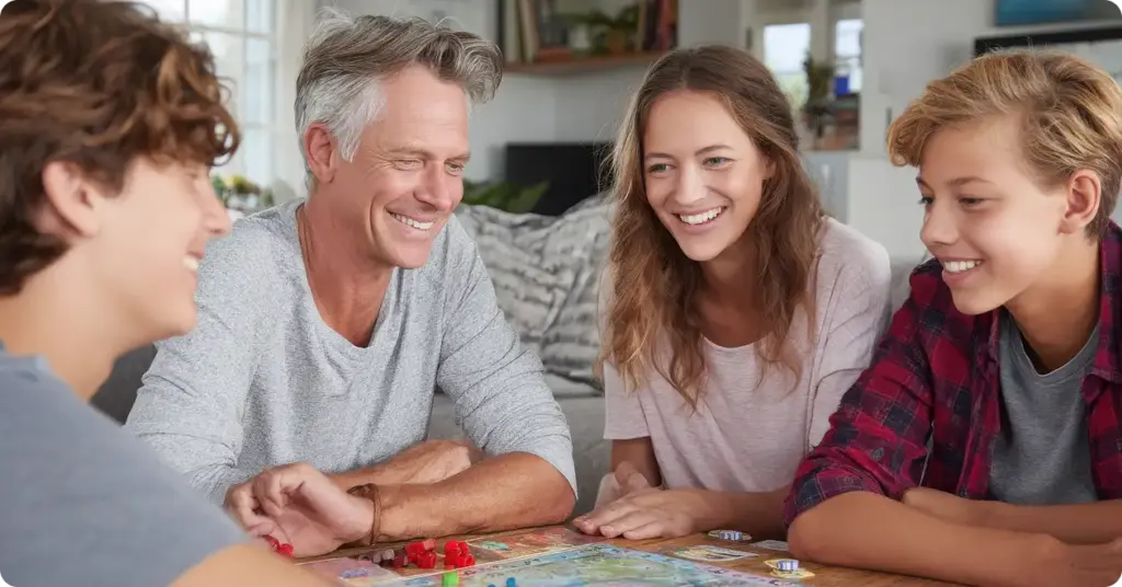 Een gezin van vier personen zit aan de keukentafel en speelt een bordspel.