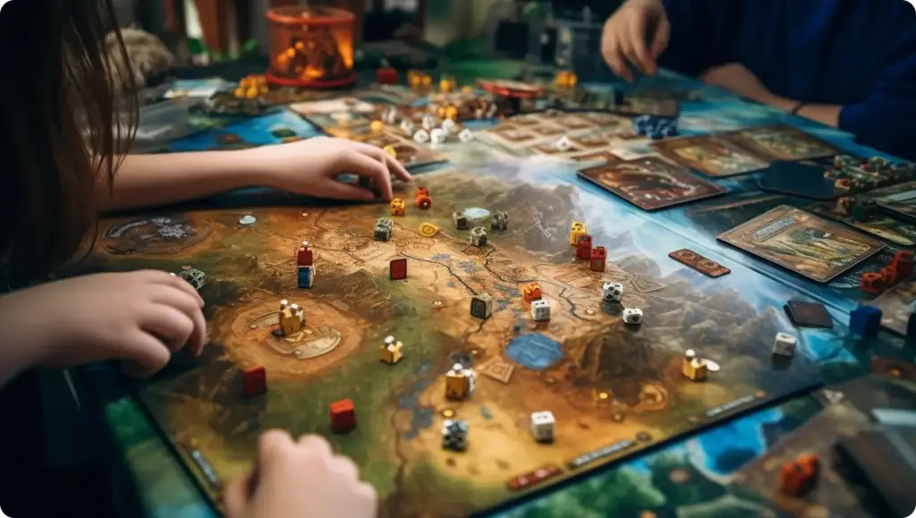 Het spelbord staat op tafel en een groep mensen verplaatst de speelstukken over het bord.