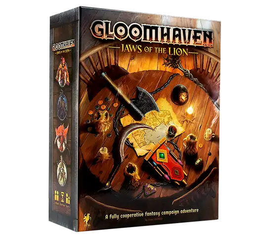 Doos van het bordspel Gloomhaven: Kaken van de Leeuw met een afbeelding van een middeleeuwse stad