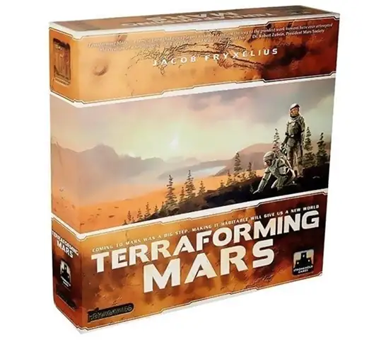 Doos van het bordspel Mars transformeren met een afbeelding van het oppervlak van Mars.