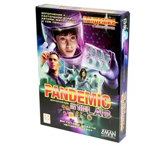 Doos van het bordspel Pandemie met afbeelding van wetenschappers.