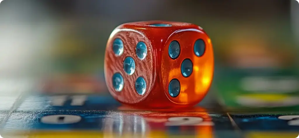 Een rode speelsteen ligt op tafel.