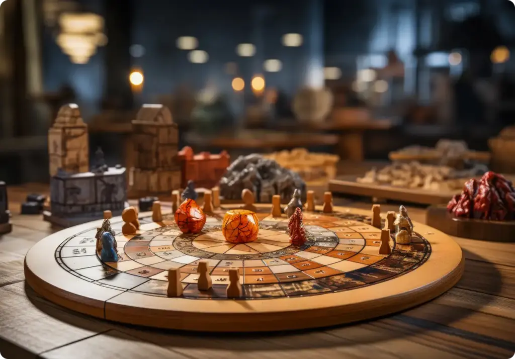 Een rond houten speelbord staat op tafel, met daarop gekleurde figuren.