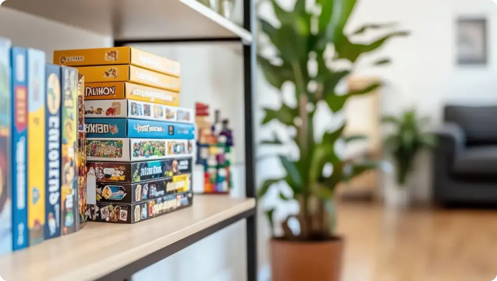 In de kamer staat een plank van licht hout met daarop bordspellen.