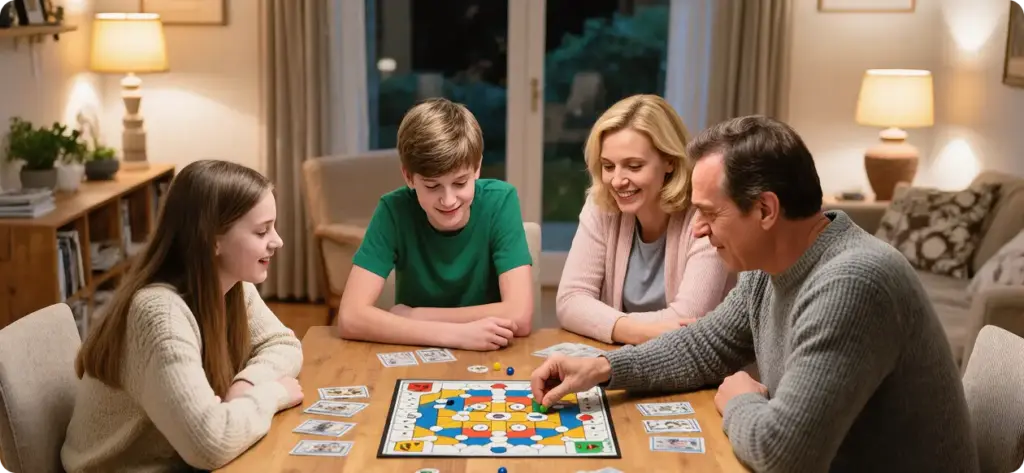 Het gezin zit aan een grote tafel in de eetkamer en speelt een bordspel.