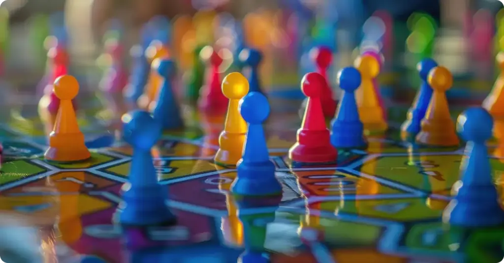 Op het kleurrijke bord voor bordspellen staan gekleurde glazen fiches.