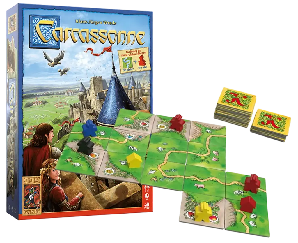 Het speelveld van het bordspel Carcassonne met tegels van het terrein en gekleurde fiches van de spelers.